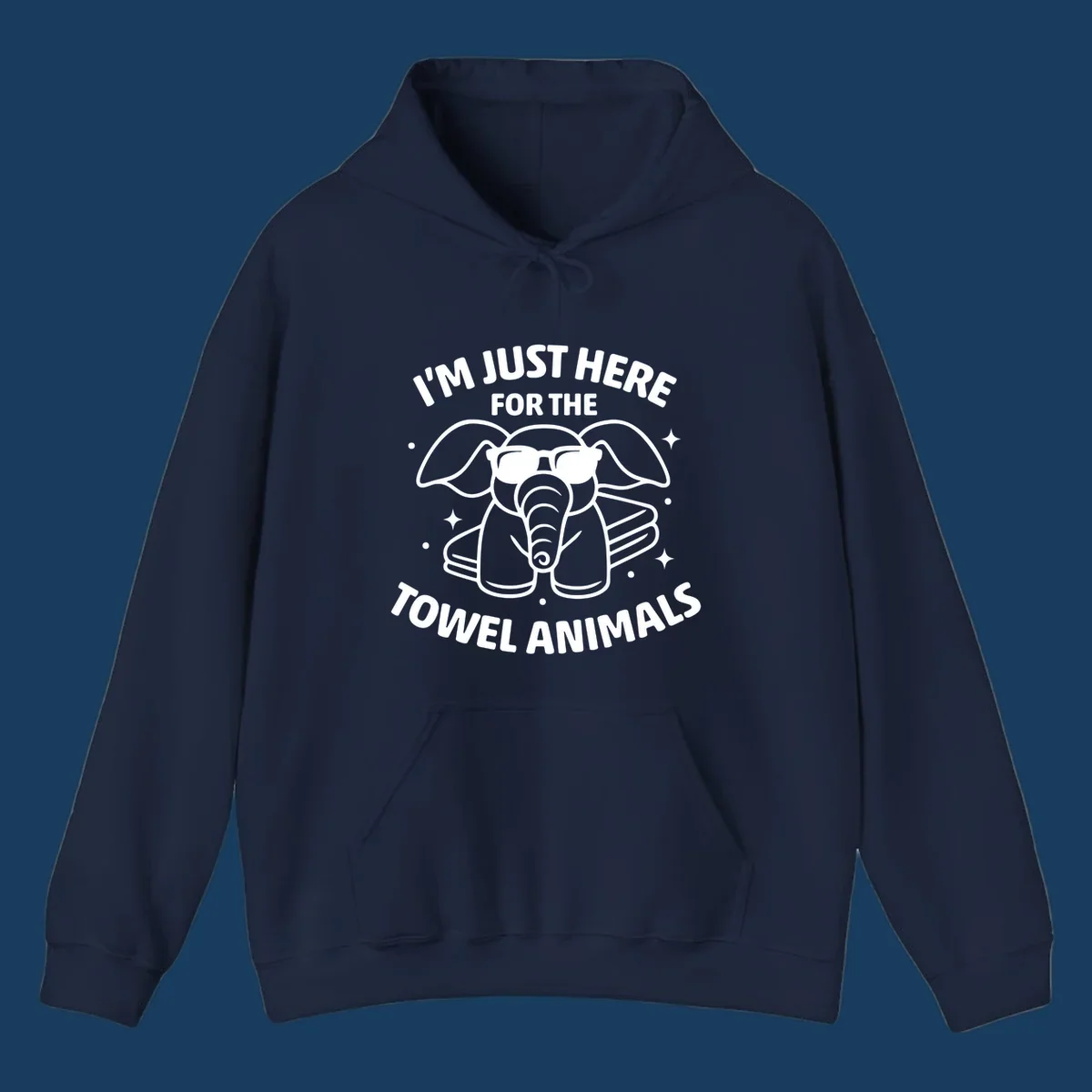 Illustration of a towel elephant wearing sunglasses with text 'I'm Just Here For The Towel Animals'.