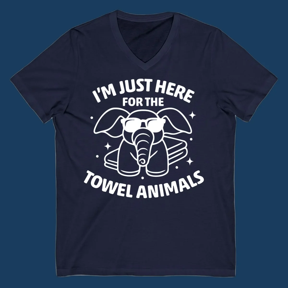Illustration of a towel elephant wearing sunglasses with text 'I'm Just Here For The Towel Animals'.