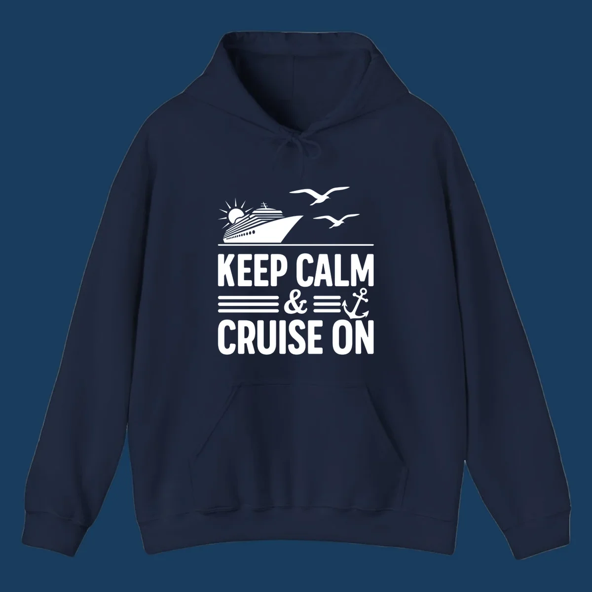 Keep calm and cruise on text with cruise ship and anchor graphic.