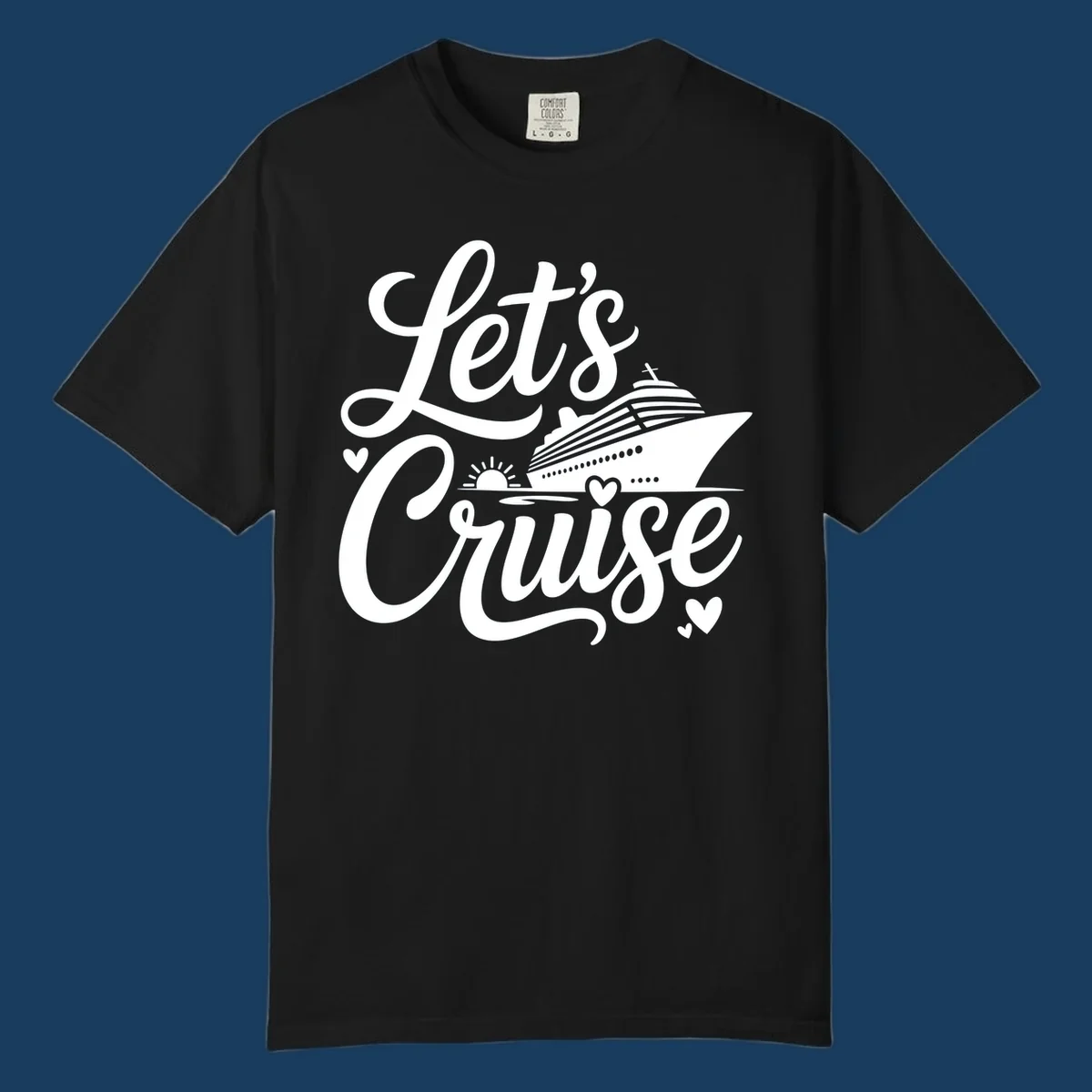 Lets Cruise ship design with sun and hearts on water.
