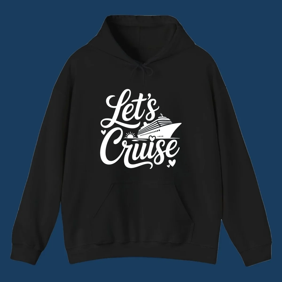 Lets Cruise ship design with sun and hearts on water.