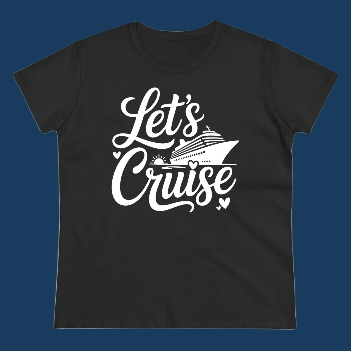 Lets Cruise ship design with sun and hearts on water.