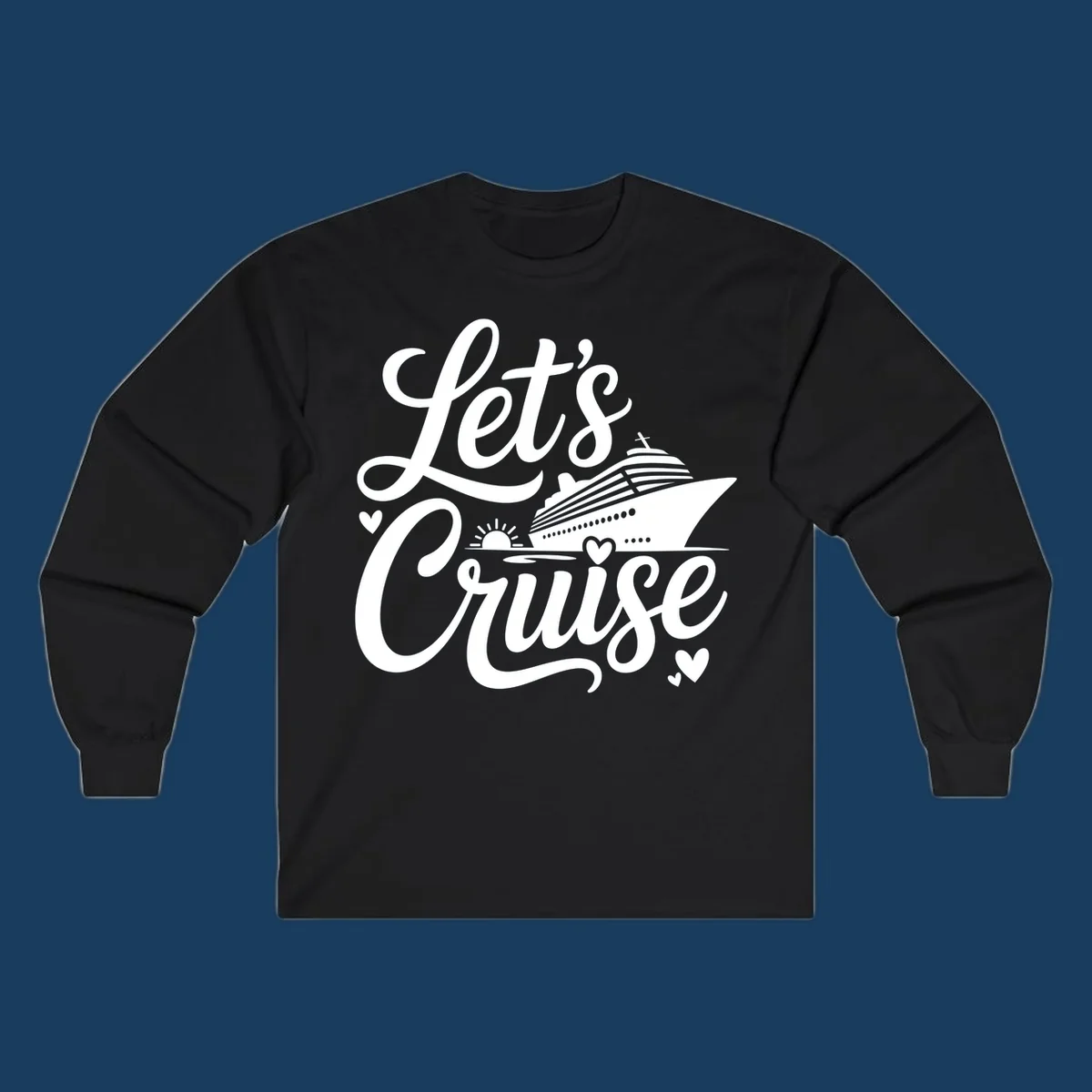 Lets Cruise ship design with sun and hearts on water.