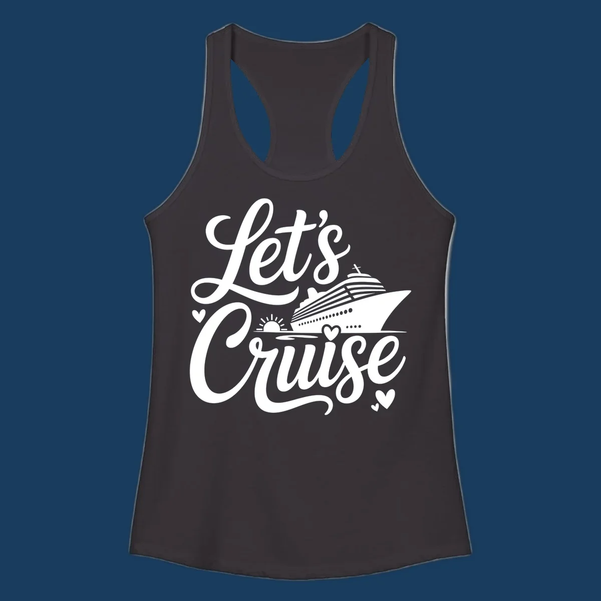 Lets Cruise ship design with sun and hearts on water.