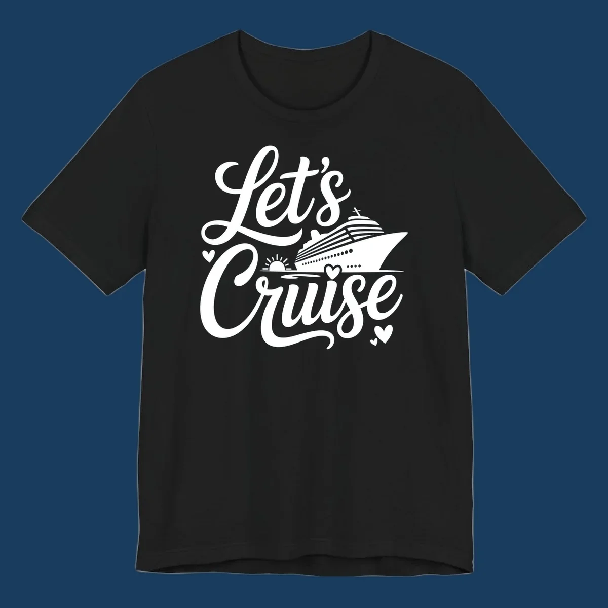 Lets Cruise ship design with sun and hearts on water.