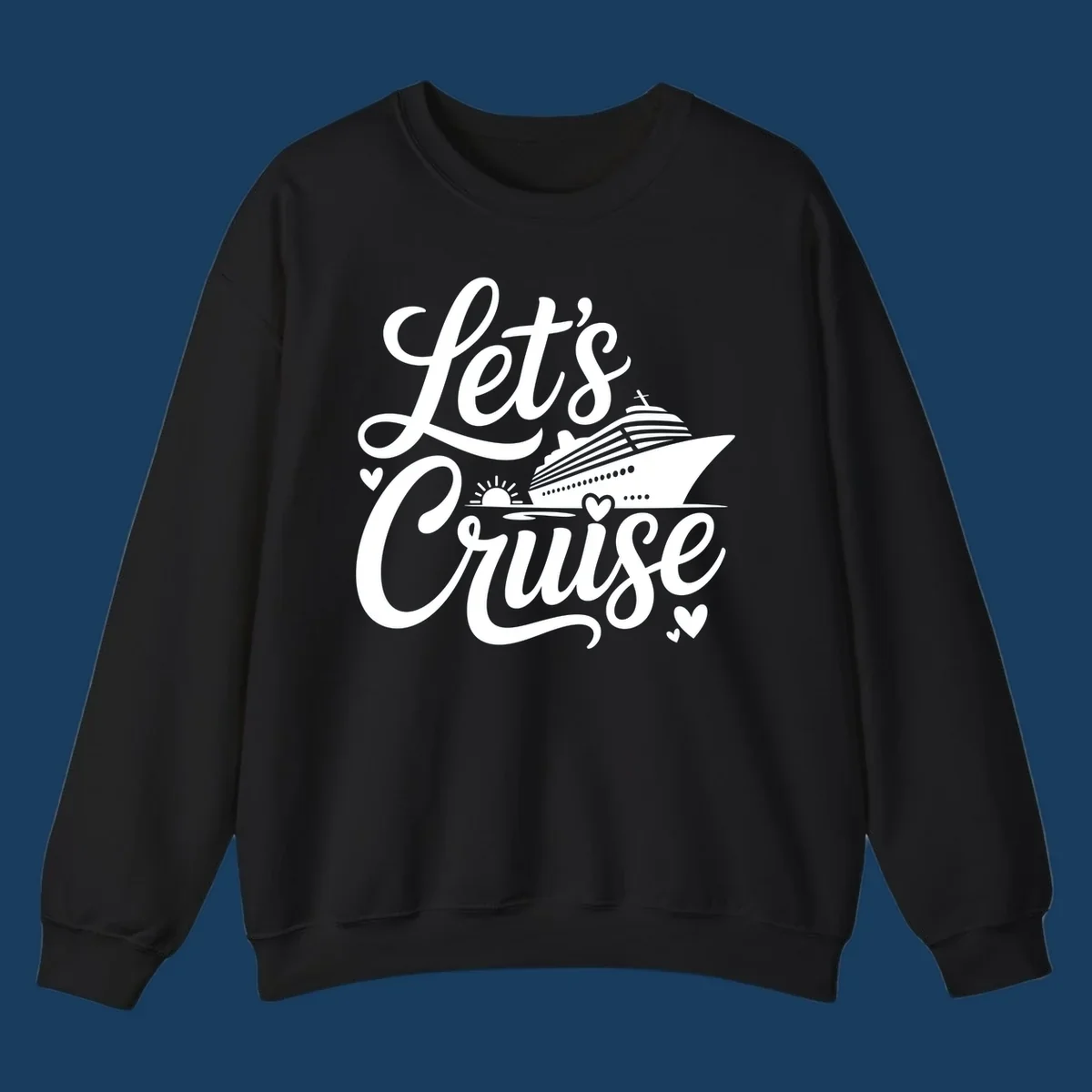 Lets Cruise ship design with sun and hearts on water.