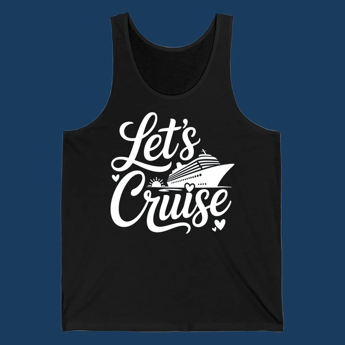 Lets Cruise ship design with sun and hearts on water.