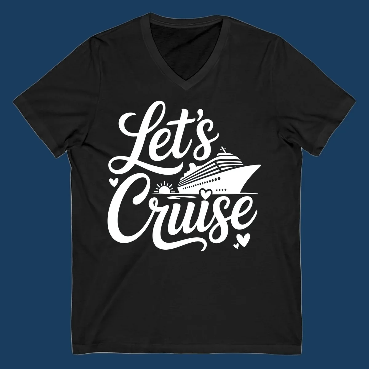 Lets Cruise ship design with sun and hearts on water.