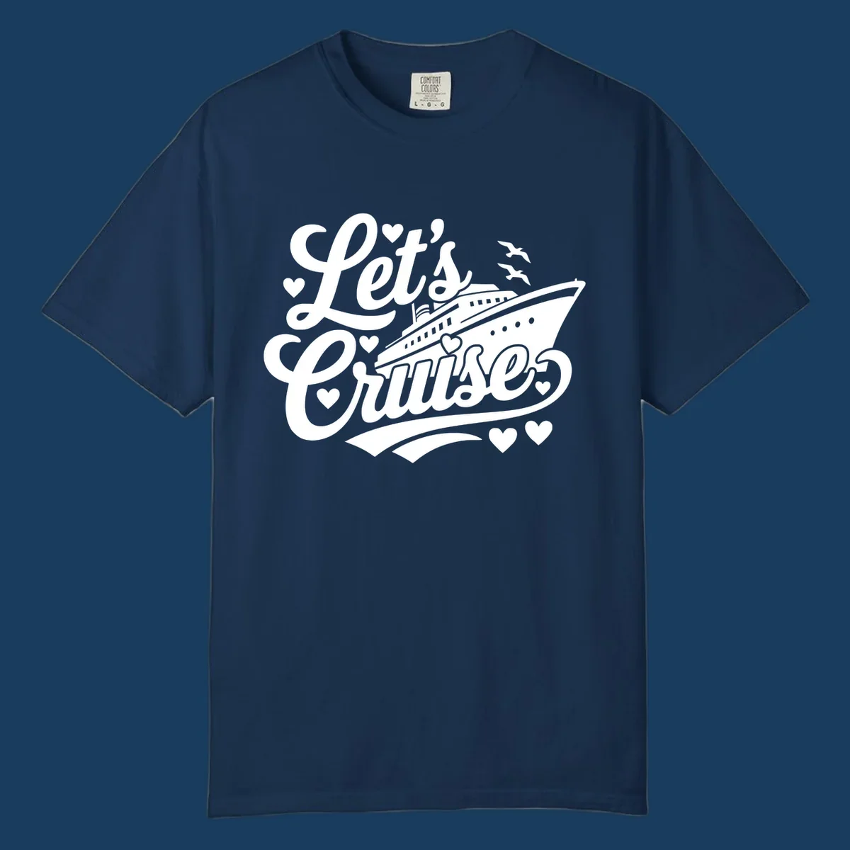 Lets cruise ship with hearts and seagulls illustration for vacation