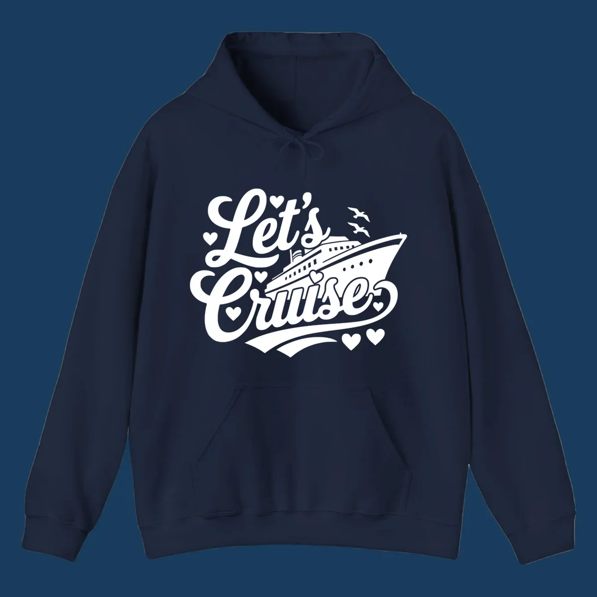 Lets cruise ship with hearts and seagulls illustration for vacation