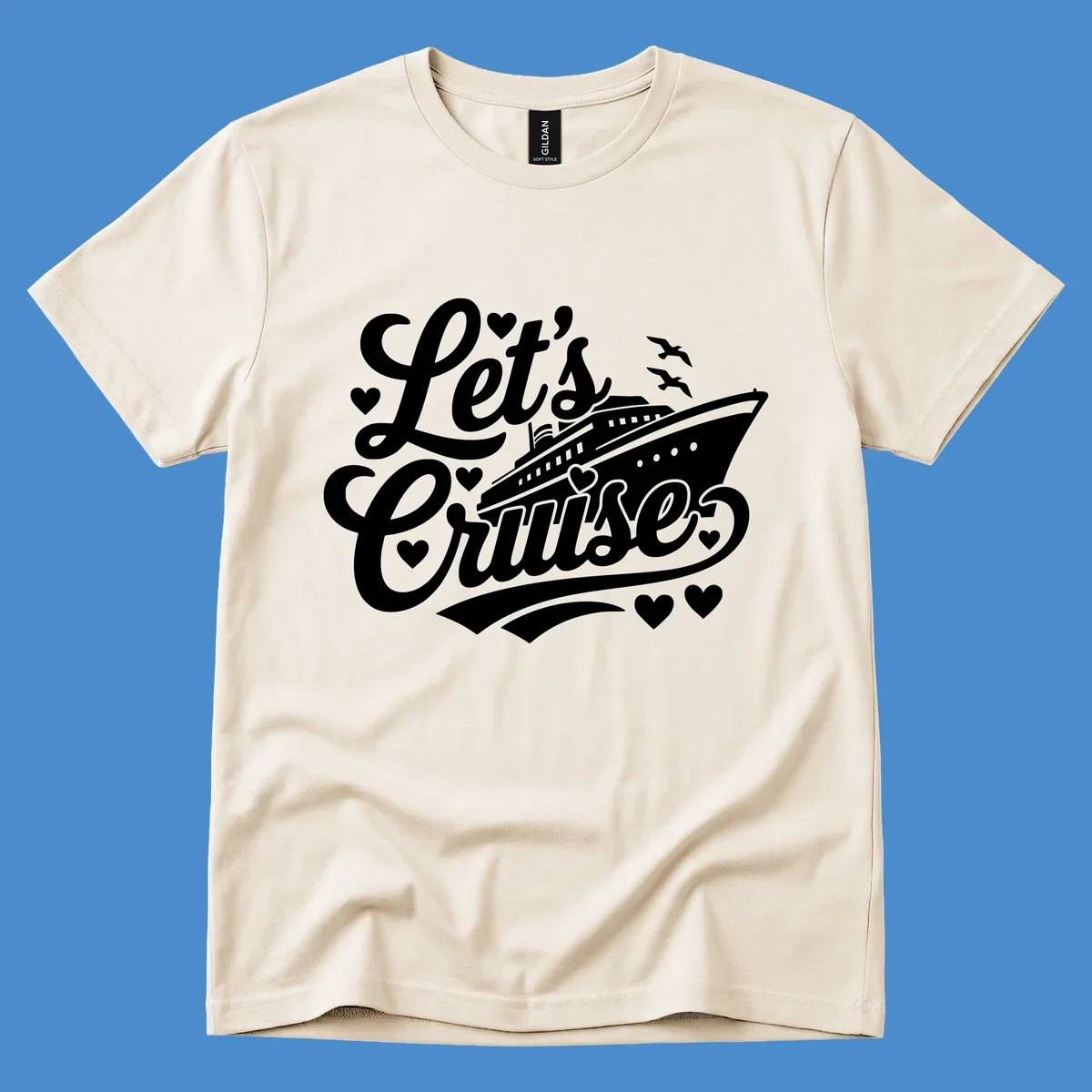 Lets cruise ship with hearts and seagulls illustration for vacation