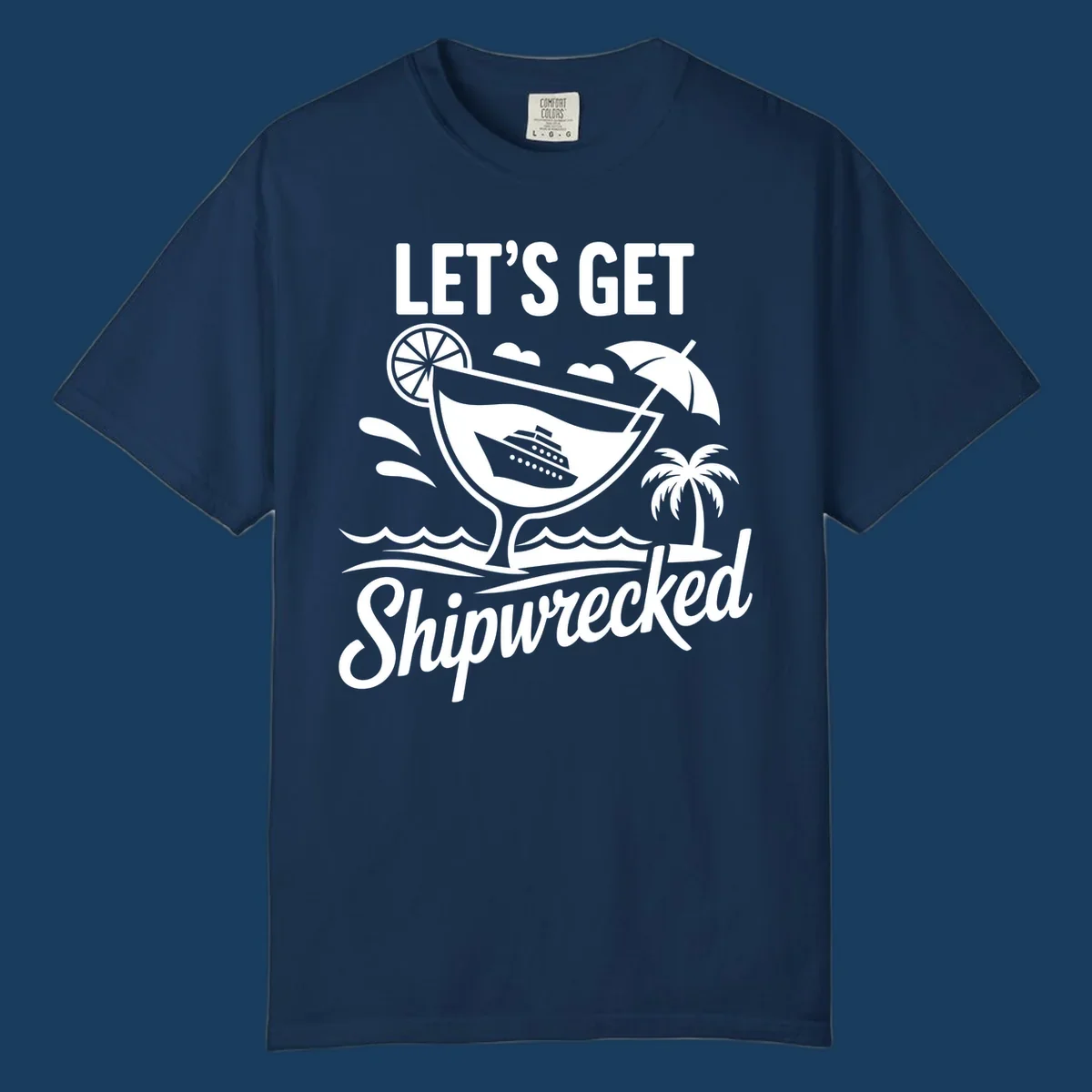 Illustration of 'Let's Get Shipwrecked' cruise party design with cocktail and ship.