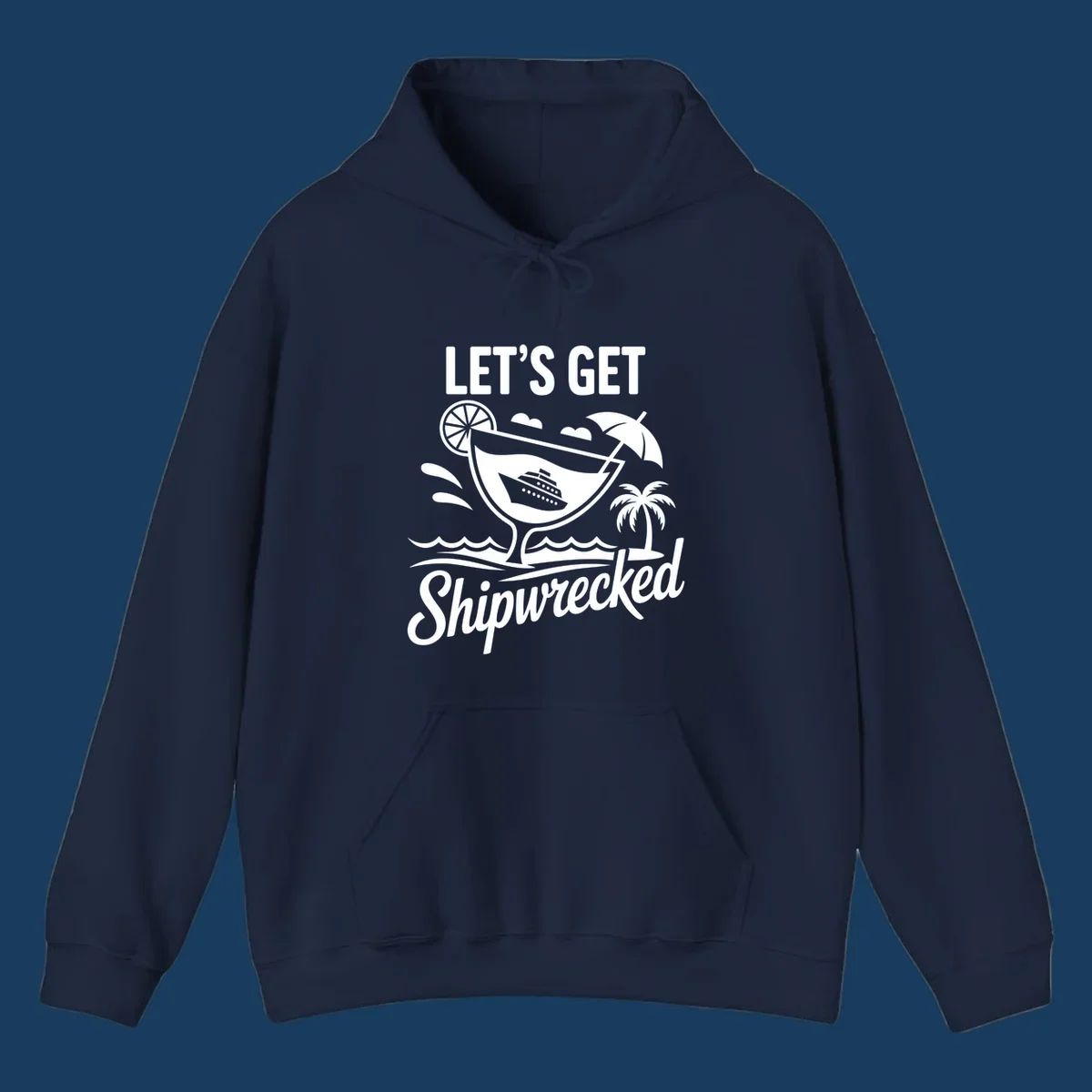 Illustration of 'Let's Get Shipwrecked' cruise party design with cocktail and ship.