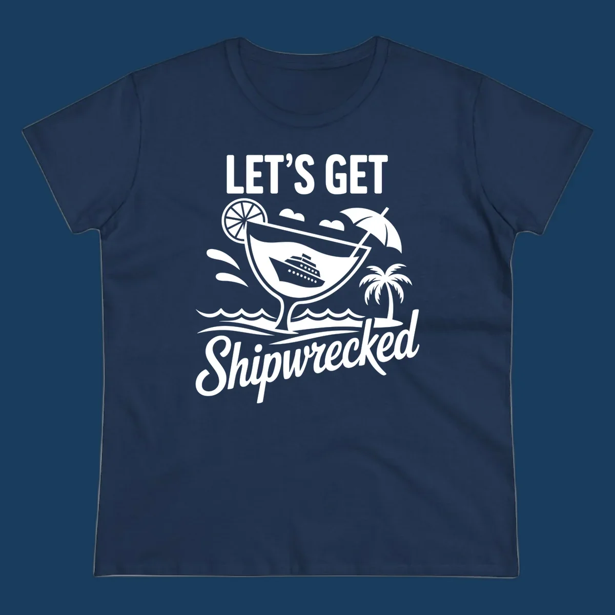 Illustration of 'Let's Get Shipwrecked' cruise party design with cocktail and ship.