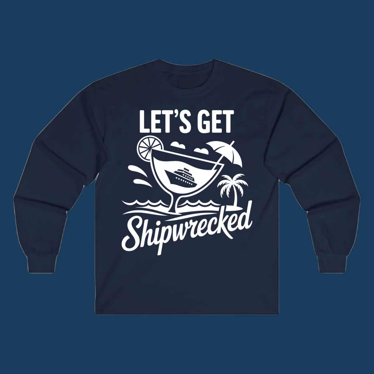 Illustration of 'Let's Get Shipwrecked' cruise party design with cocktail and ship.