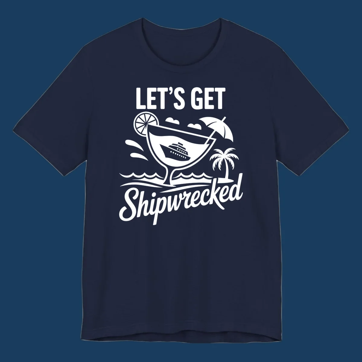 Illustration of 'Let's Get Shipwrecked' cruise party design with cocktail and ship.