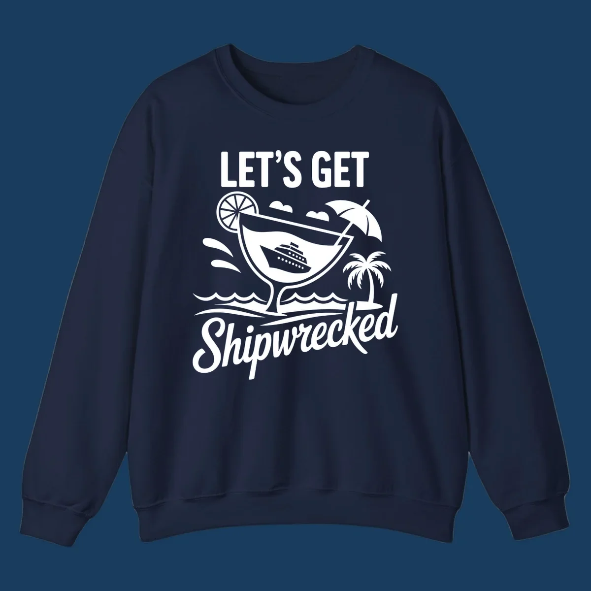 Illustration of 'Let's Get Shipwrecked' cruise party design with cocktail and ship.