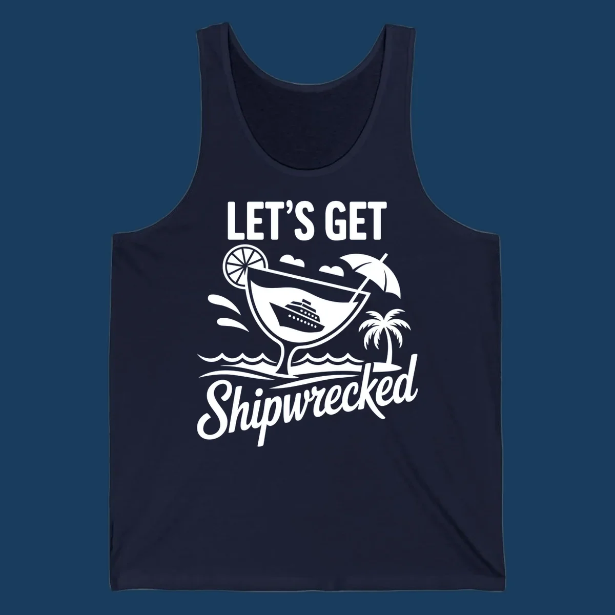 Illustration of 'Let's Get Shipwrecked' cruise party design with cocktail and ship.