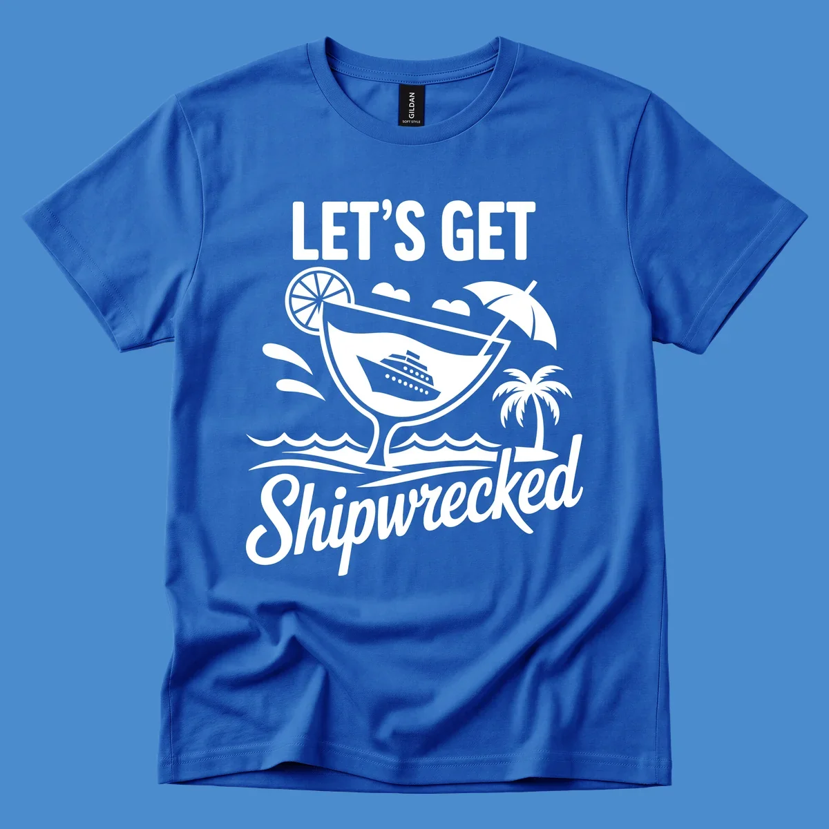 Illustration of 'Let's Get Shipwrecked' cruise party design with cocktail and ship.