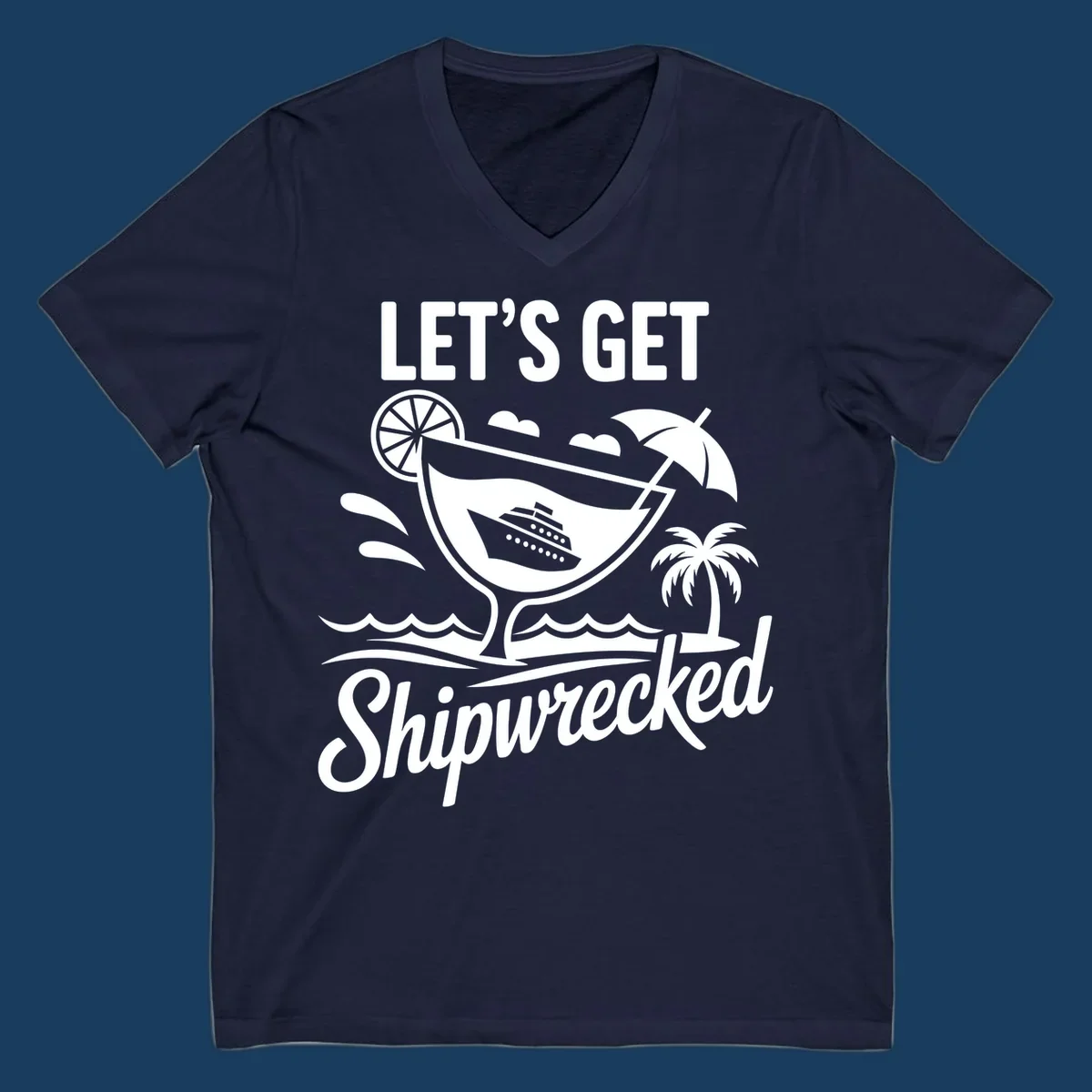 Illustration of 'Let's Get Shipwrecked' cruise party design with cocktail and ship.