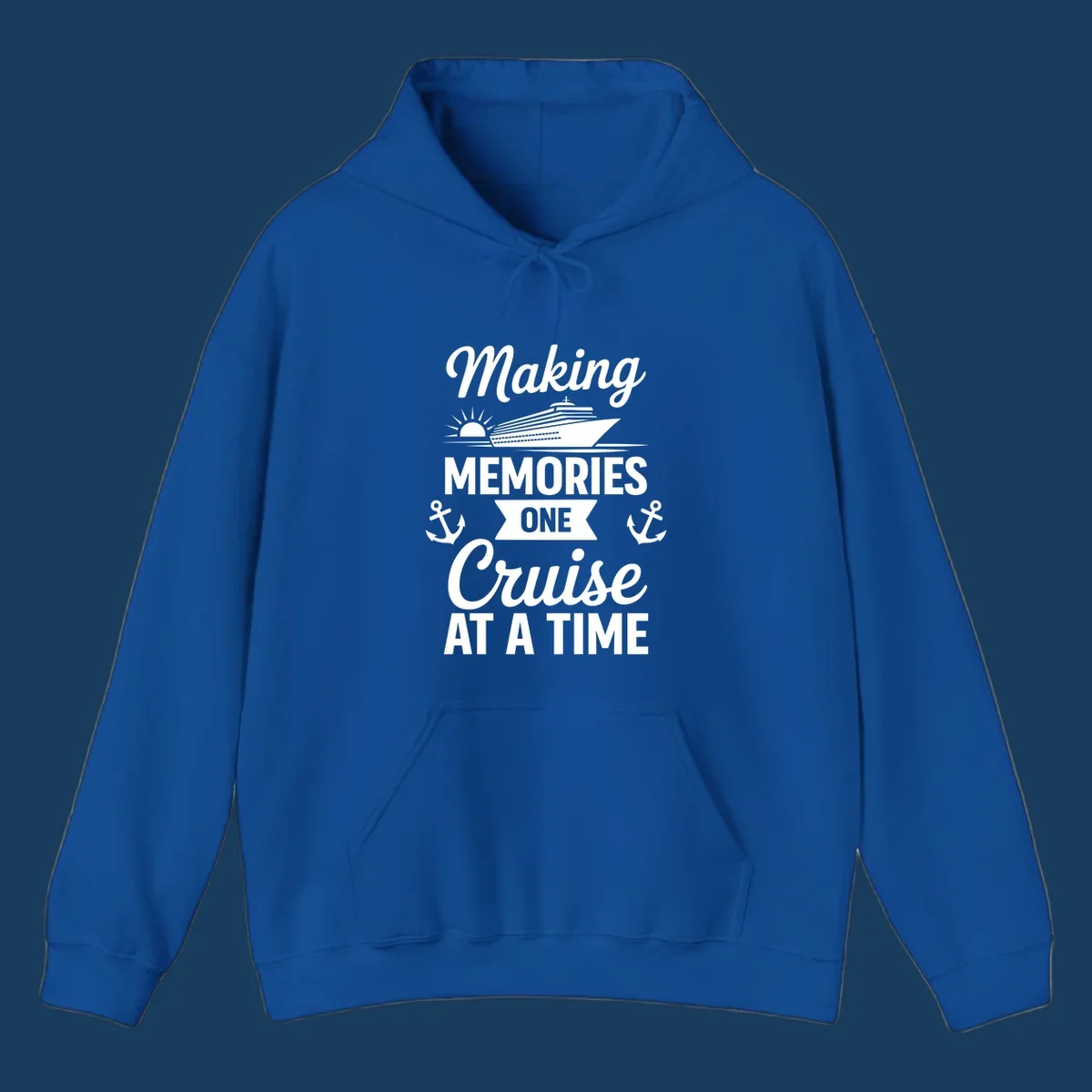 Making memories one cruise at a time text and graphics including cruise ship and anchors.