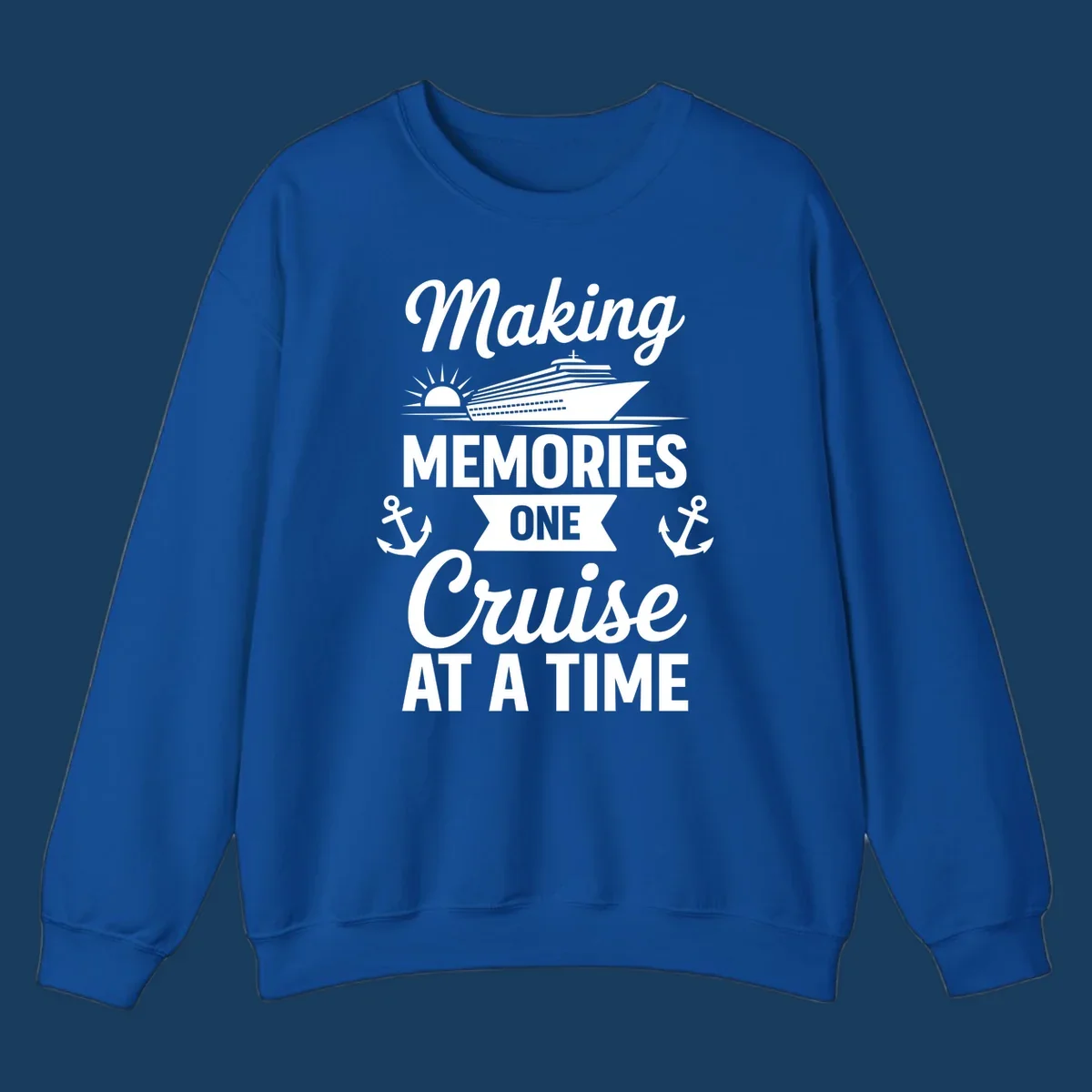 Making memories one cruise at a time text and graphics including cruise ship and anchors.