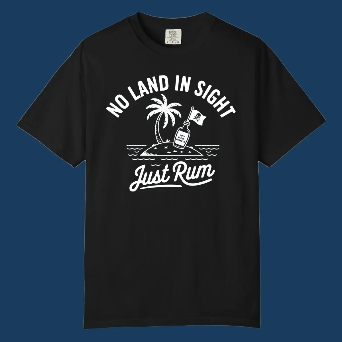 No land in sight just rum design with pirate flag and rum bottle on island.