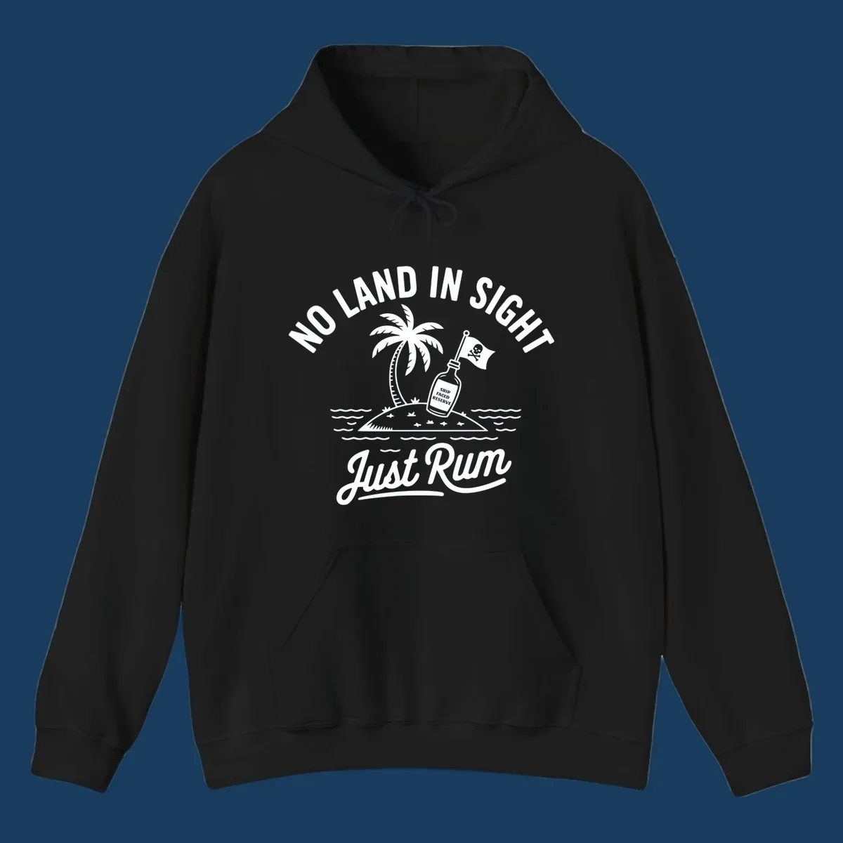 No land in sight just rum design with pirate flag and rum bottle on island.