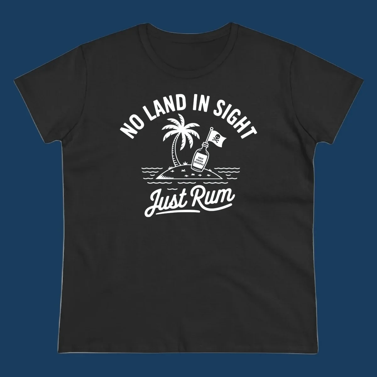 No land in sight just rum design with pirate flag and rum bottle on island.