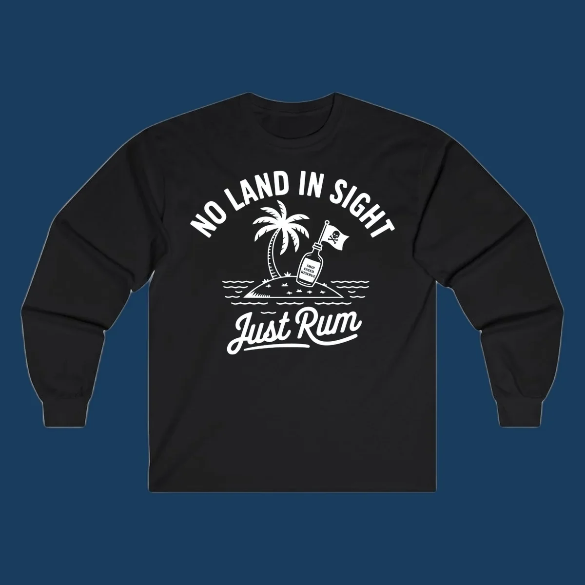 No land in sight just rum design with pirate flag and rum bottle on island.