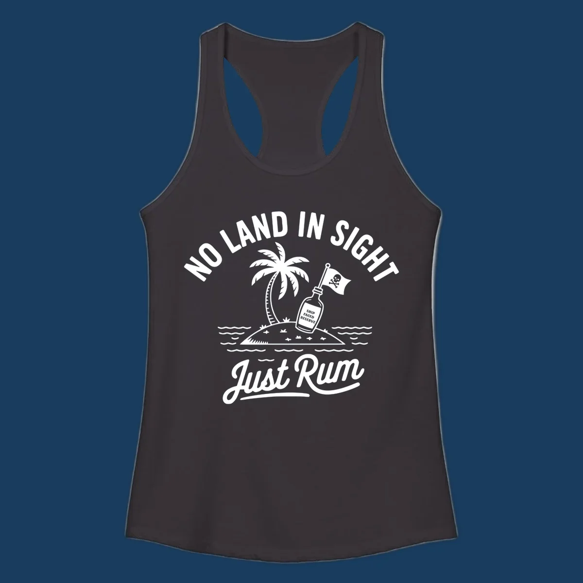 No land in sight just rum design with pirate flag and rum bottle on island.