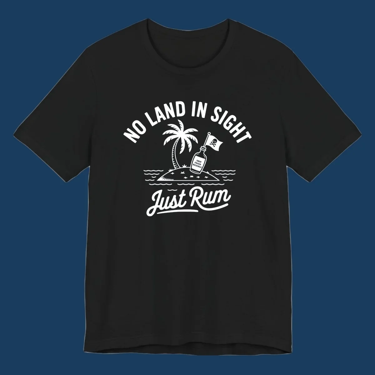 No land in sight just rum design with pirate flag and rum bottle on island.