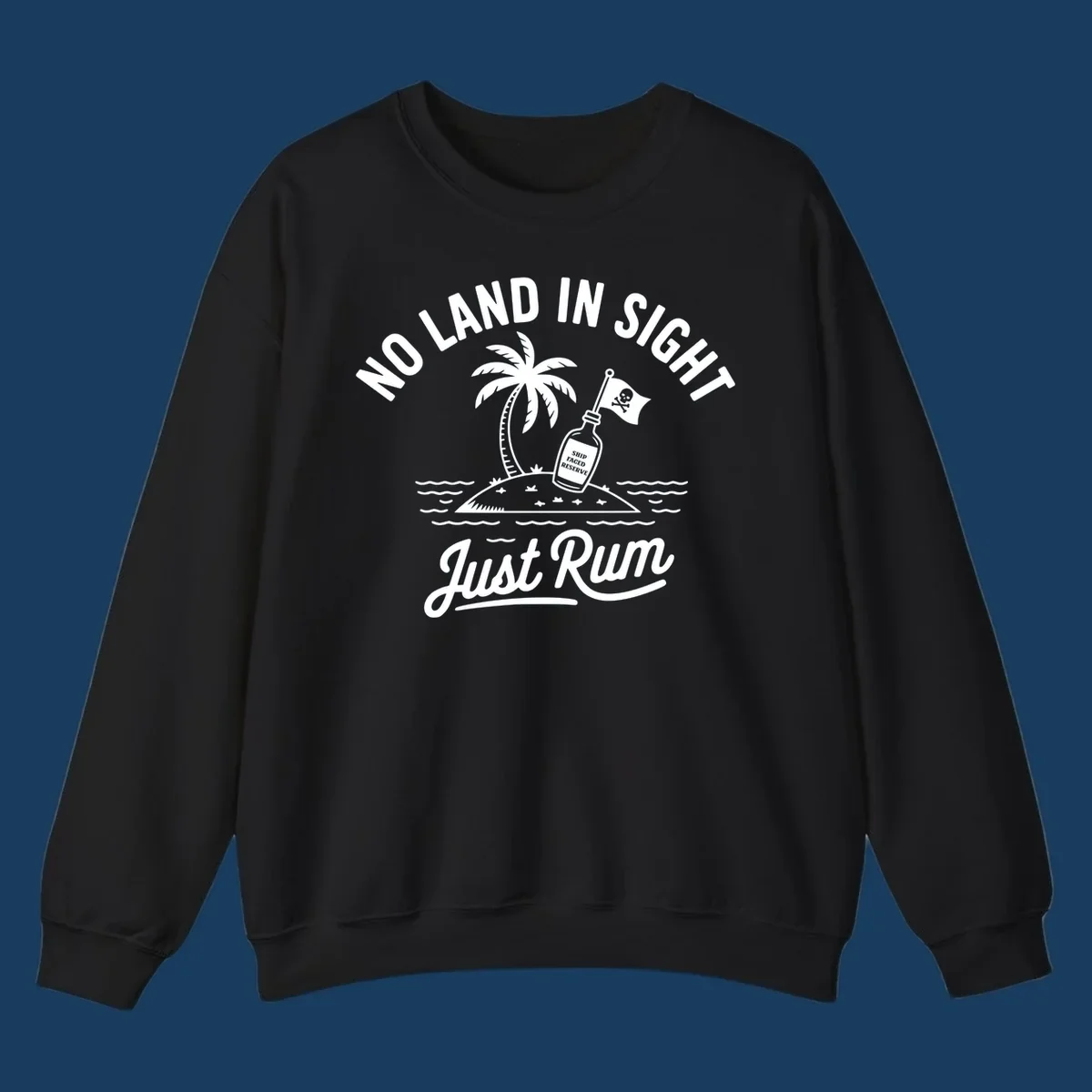 No land in sight just rum design with pirate flag and rum bottle on island.