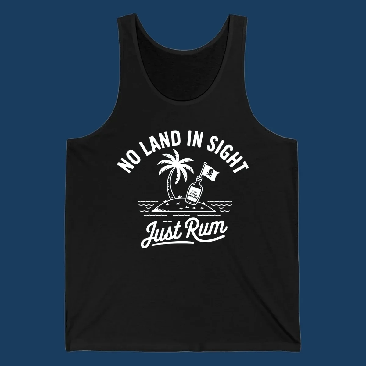No land in sight just rum design with pirate flag and rum bottle on island.