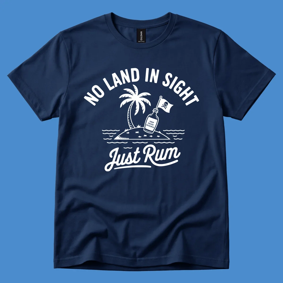 No land in sight just rum design with pirate flag and rum bottle on island.