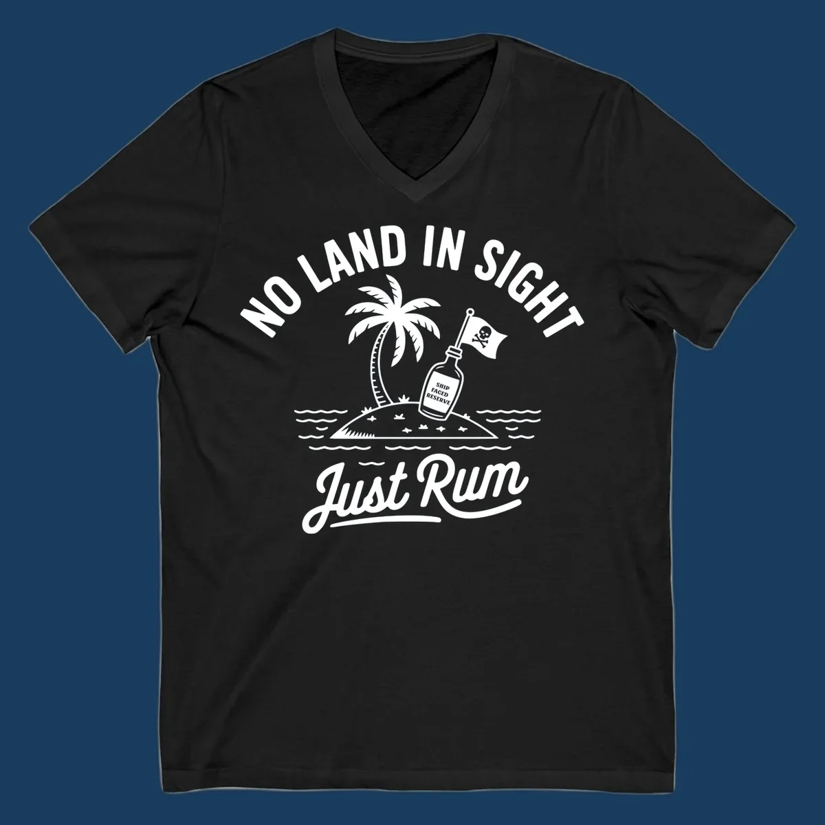 No land in sight just rum design with pirate flag and rum bottle on island.