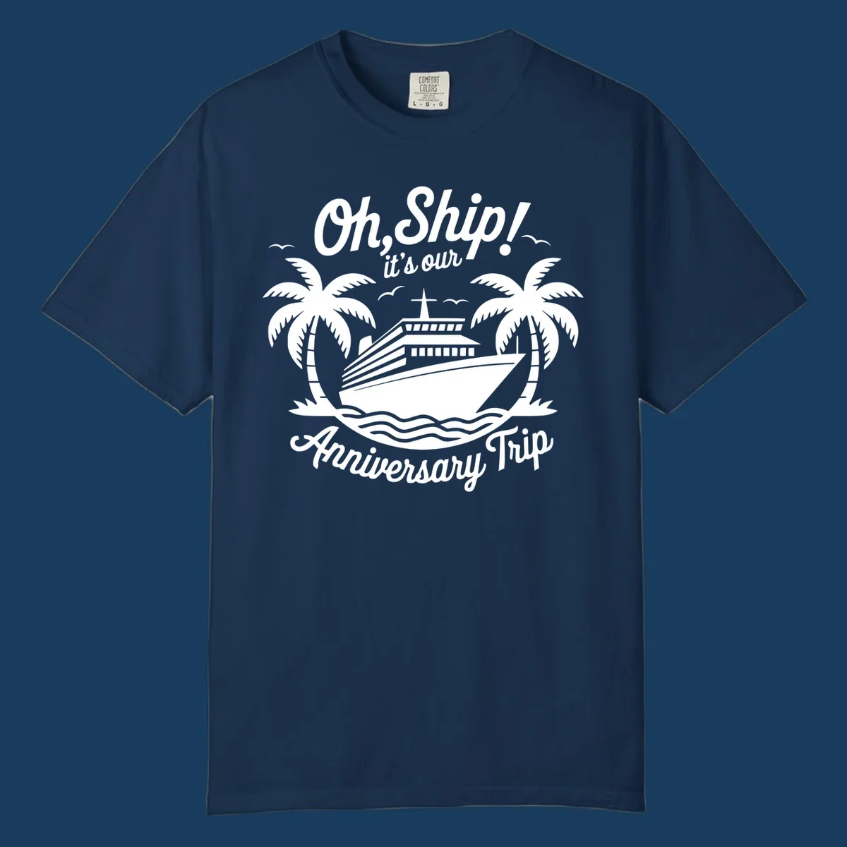 Cruise ship with palm trees and anniversary text. Anniversary-cruise-ship.
