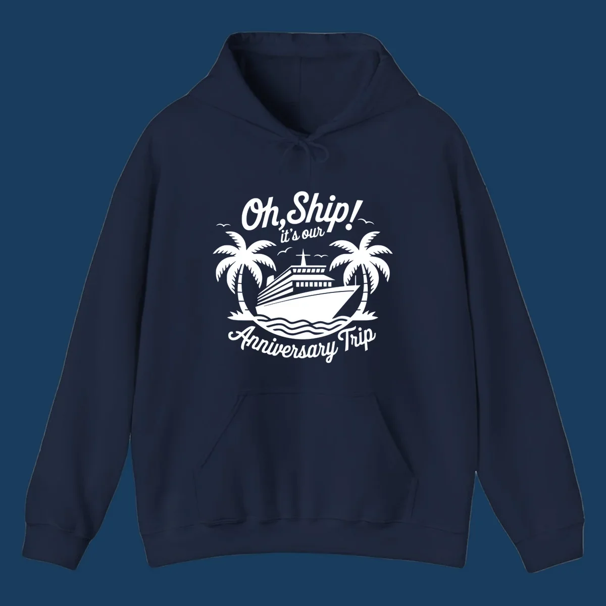 Cruise ship with palm trees and anniversary text. Anniversary-cruise-ship.
