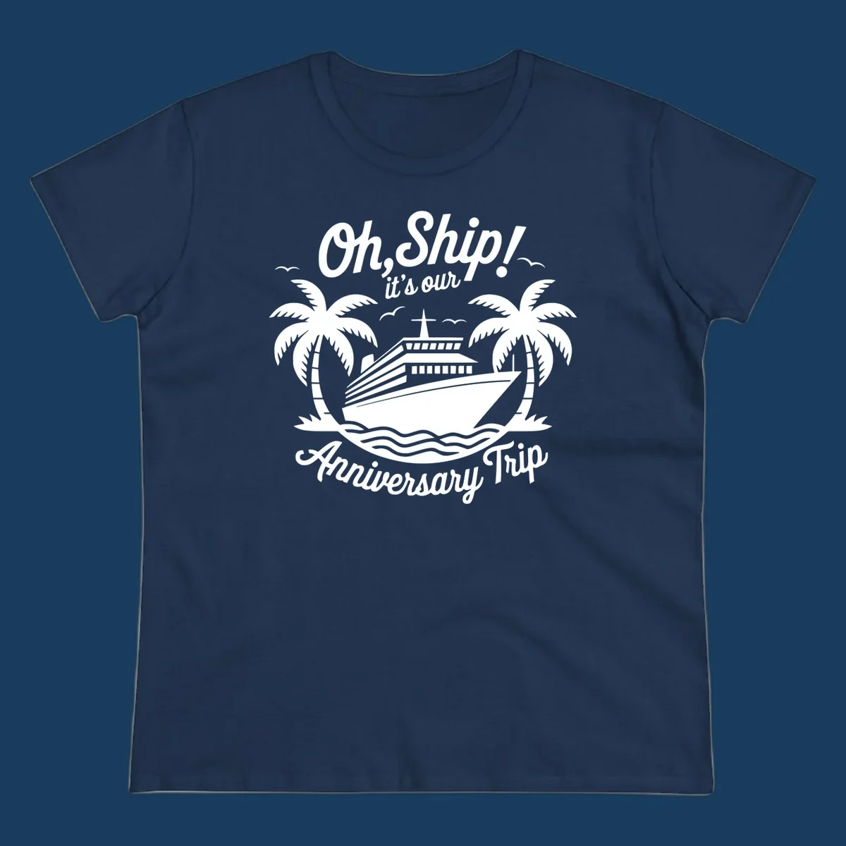 Cruise ship with palm trees and anniversary text. Anniversary-cruise-ship.