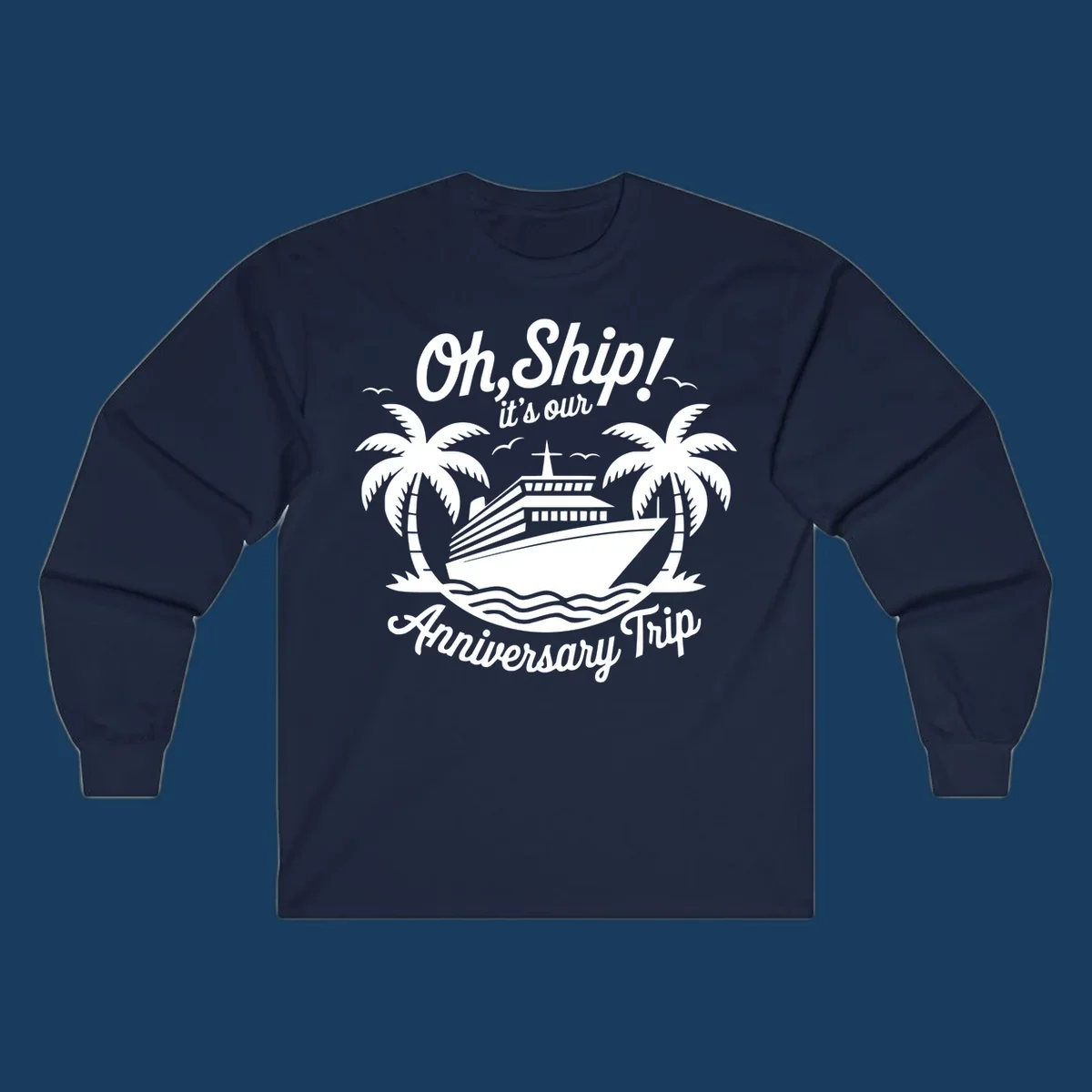 Cruise ship with palm trees and anniversary text. Anniversary-cruise-ship.