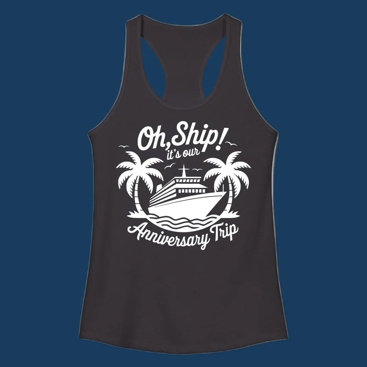 Cruise ship with palm trees and anniversary text. Anniversary-cruise-ship.