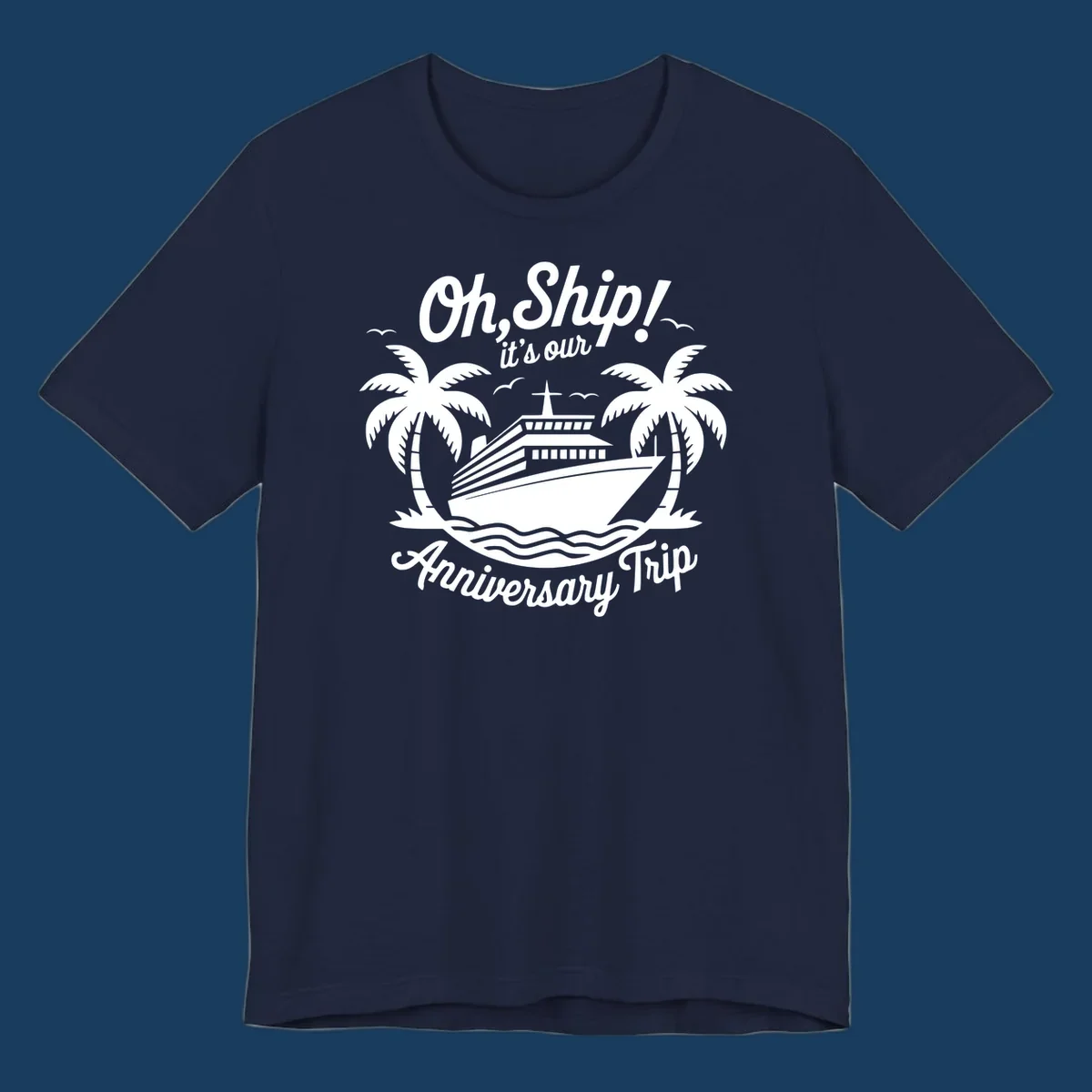 Cruise ship with palm trees and anniversary text. Anniversary-cruise-ship.
