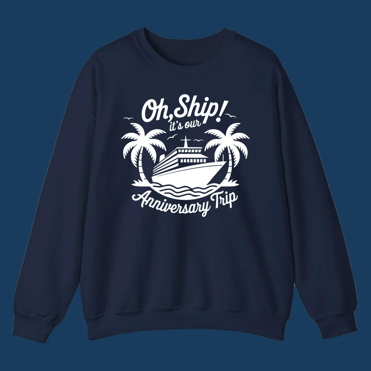 Cruise ship with palm trees and anniversary text. Anniversary-cruise-ship.