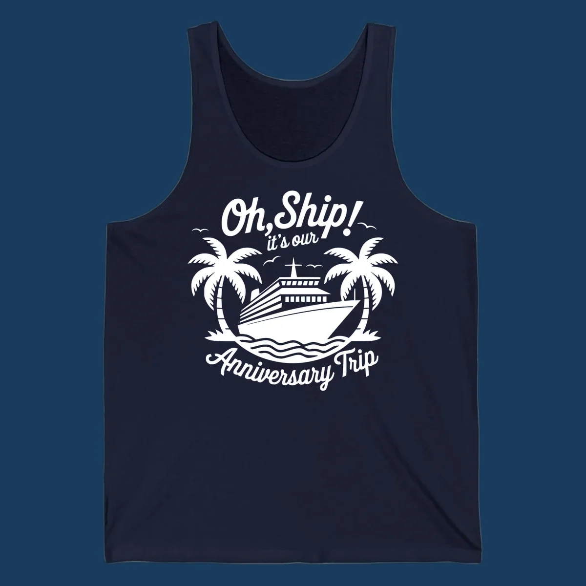 Cruise ship with palm trees and anniversary text. Anniversary-cruise-ship.