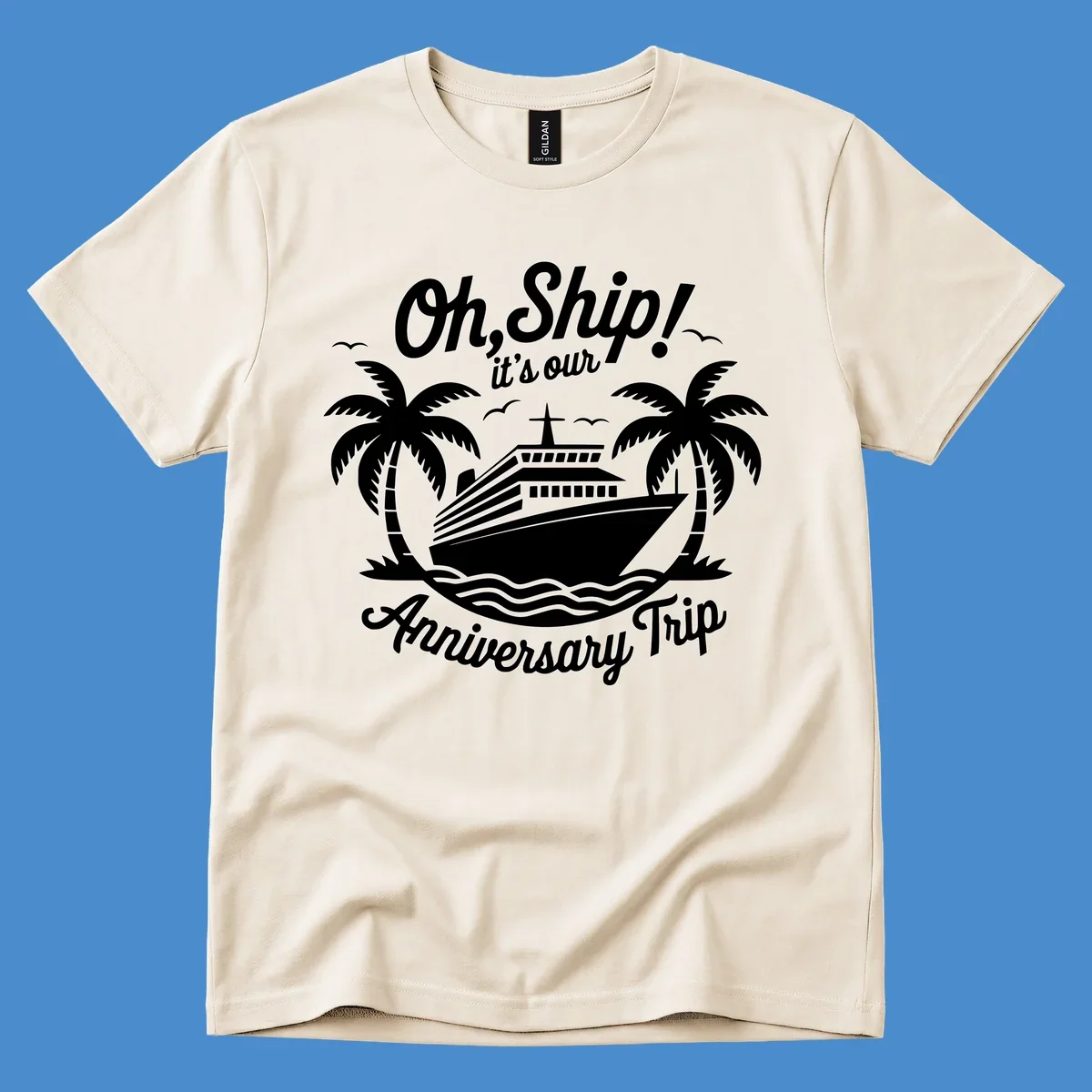 Cruise ship with palm trees and anniversary text. Anniversary-cruise-ship.