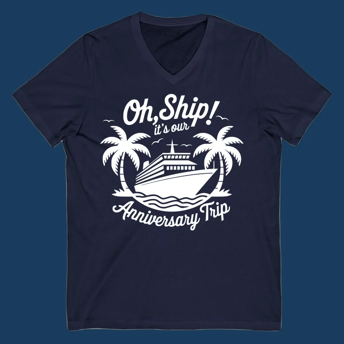 Cruise ship with palm trees and anniversary text. Anniversary-cruise-ship.