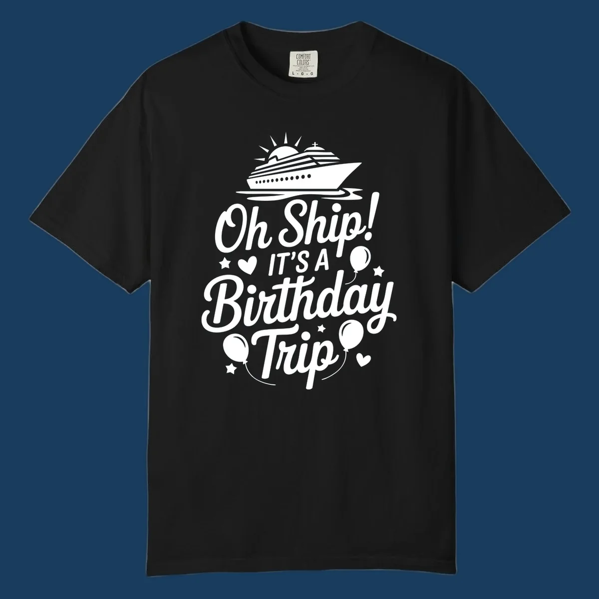 Birthday cruise trip text with ship and decorations.