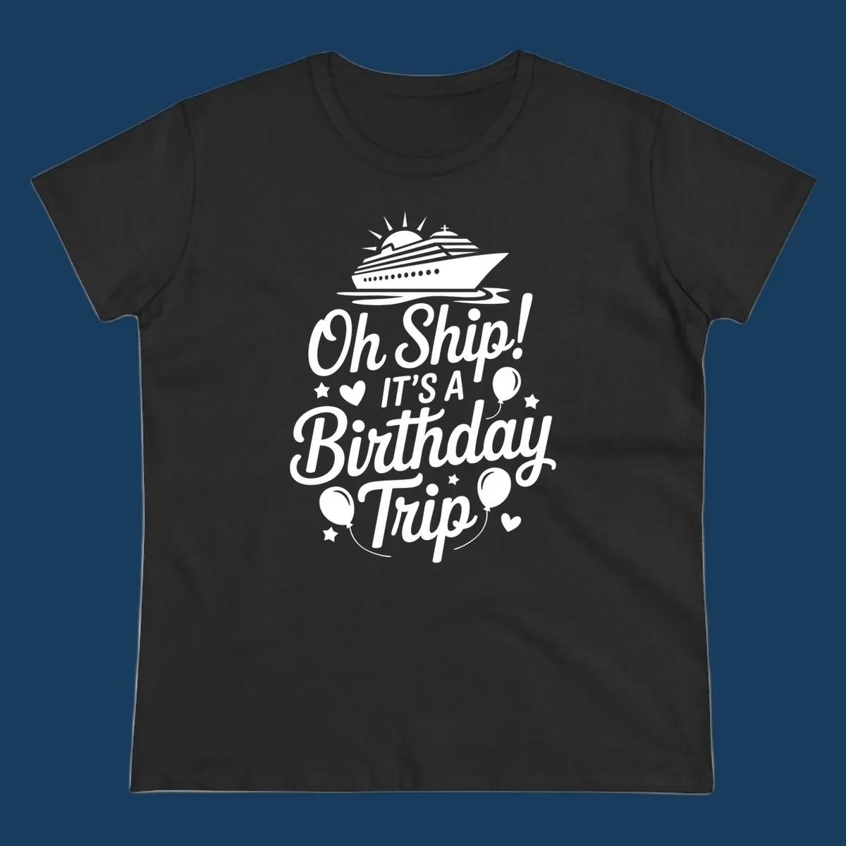 Birthday cruise trip text with ship and decorations.