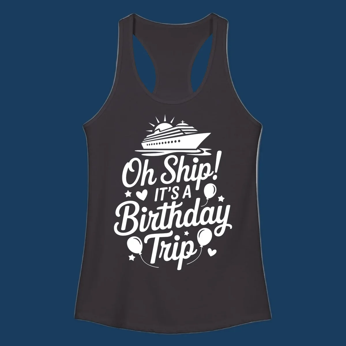 Birthday cruise trip text with ship and decorations.