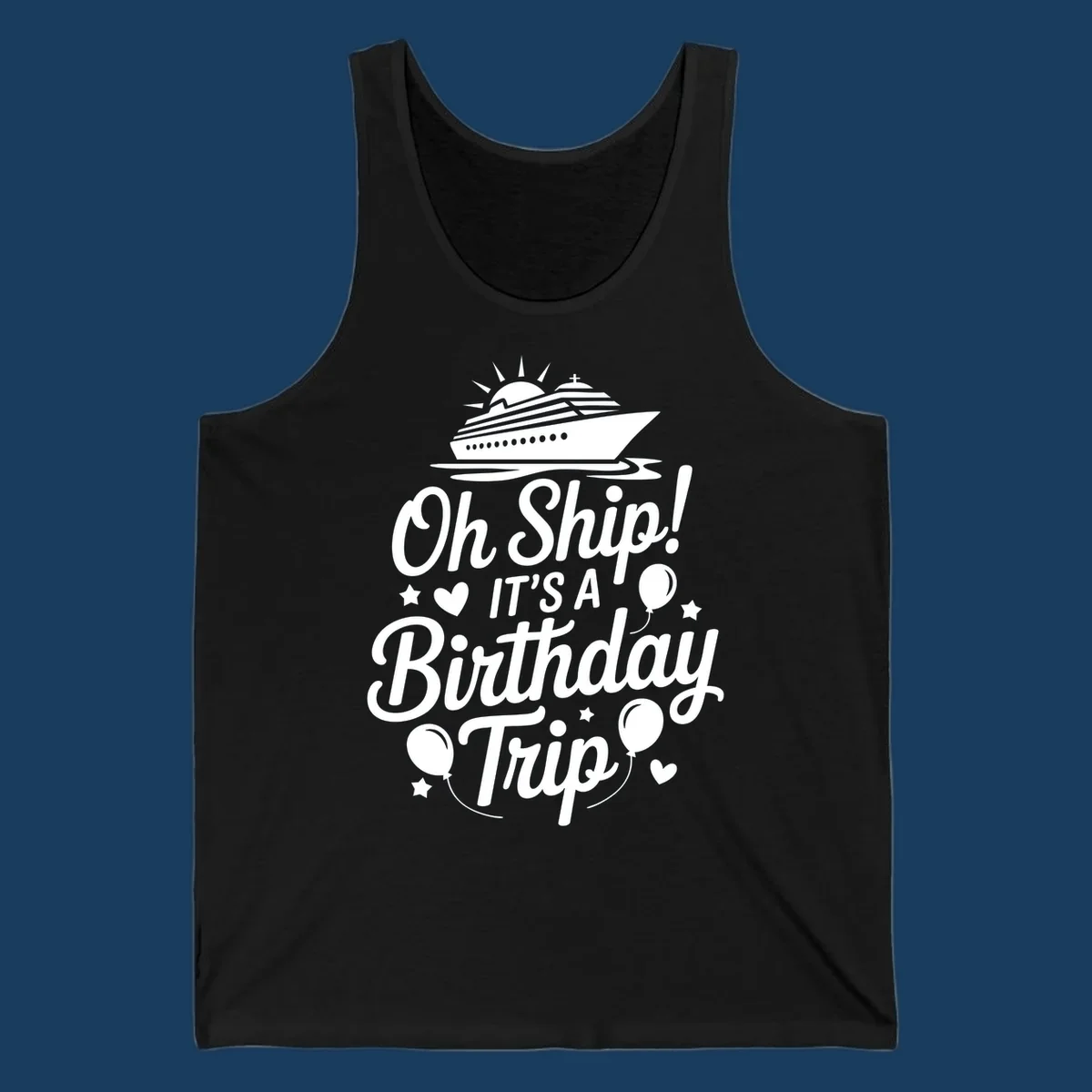 Birthday cruise trip text with ship and decorations.